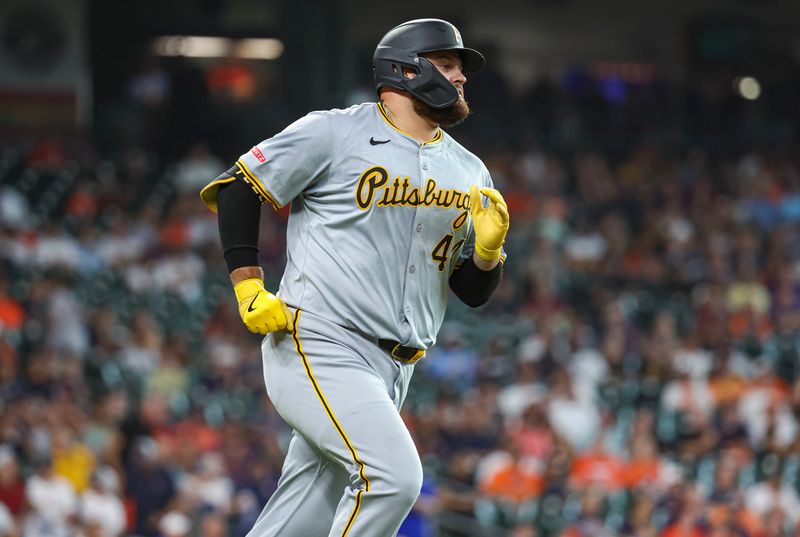 Jul 30, 2024; Houston, Texas, USA; Pittsburgh Pirates first baseman Rowdy Tellez (44) runs to first base on a single during the first inning against the Houston Astros at Minute Maid Park. Mandatory Credit: Troy Taormina-USA TODAY Sports