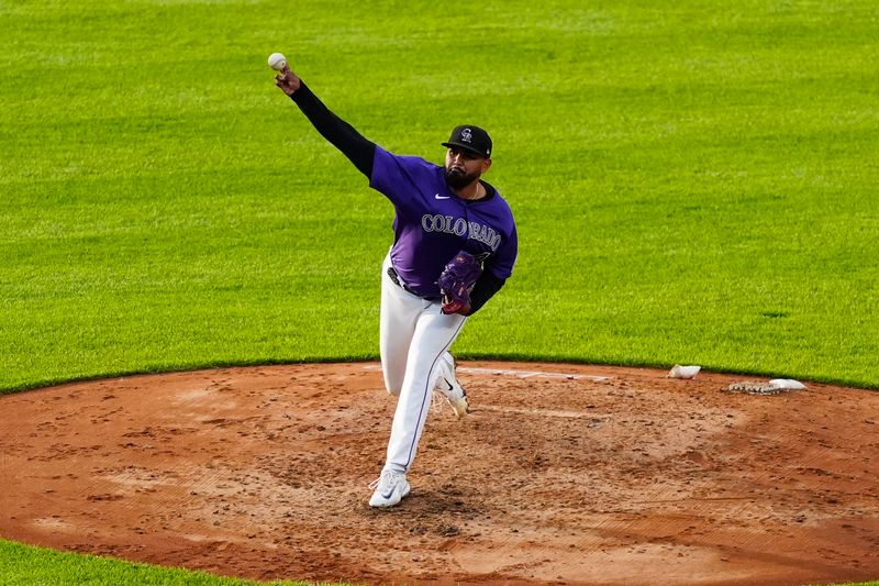 Jun 24, 2025; Denver, Colorado, USA; Colorado Rockies starting pitcher German Marquez (48) delivers a pitch in the fourth inning against the Los Angeles Dodgers at Coors Field. Mandatory Credit: Ron Chenoy-Imagn Images