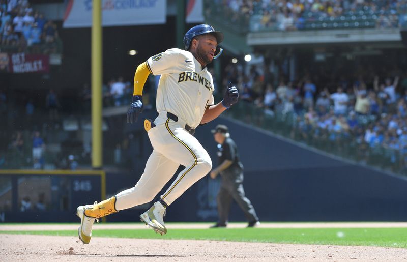 Jun 26, 2024; Milwaukee, Wisconsin, USA; Milwaukee Brewers outfielder Jackson Chourio (11) rounds third bases and scores on an inside the park home run against the Texas Rangers in the fifth inning at American Family Field. Mandatory Credit: Michael McLoone-USA TODAY Sports