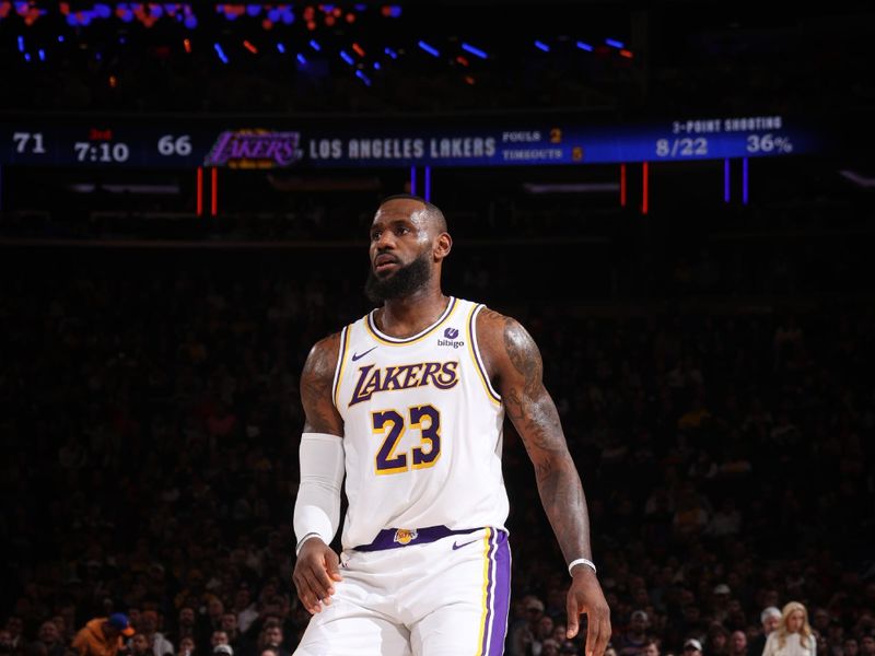 NEW YORK, NY - FEBRUARY 3: LeBron James #23 of the Los Angeles Lakers looks on during the game against the New York Knicks on February 3, 2024 at Madison Square Garden in New York City, New York.  NOTE TO USER: User expressly acknowledges and agrees that, by downloading and or using this photograph, User is consenting to the terms and conditions of the Getty Images License Agreement. Mandatory Copyright Notice: Copyright 2024 NBAE  (Photo by Nathaniel S. Butler/NBAE via Getty Images)