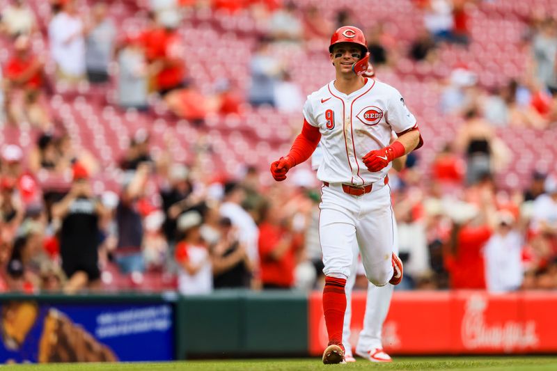 May 15, 2025; Cincinnati, Ohio, USA; Cincinnati Reds second baseman Matt McLain (9) runs the bases after hitting a solo home run in the sixth inning against the Chicago White Sox at Great American Ball Park. Mandatory Credit: Katie Stratman-Imagn Images