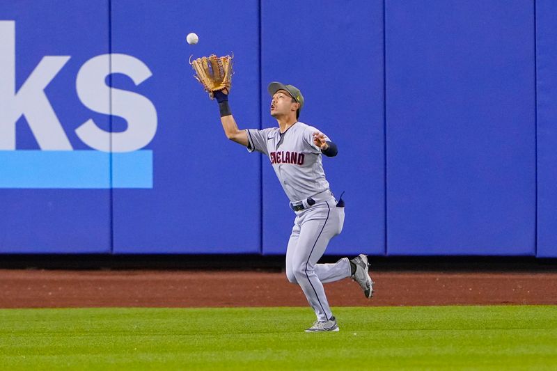 May 21, 2023; New York City, New York, USA; Cleveland Guardians left fielder Steven Kwan (38) catches a sacrifice fly ball hit by New York Mets second baseman Jeff McNeil (1) (not pictured) during the eighth inning at Citi Field. Mandatory Credit: Gregory Fisher-USA TODAY Sports