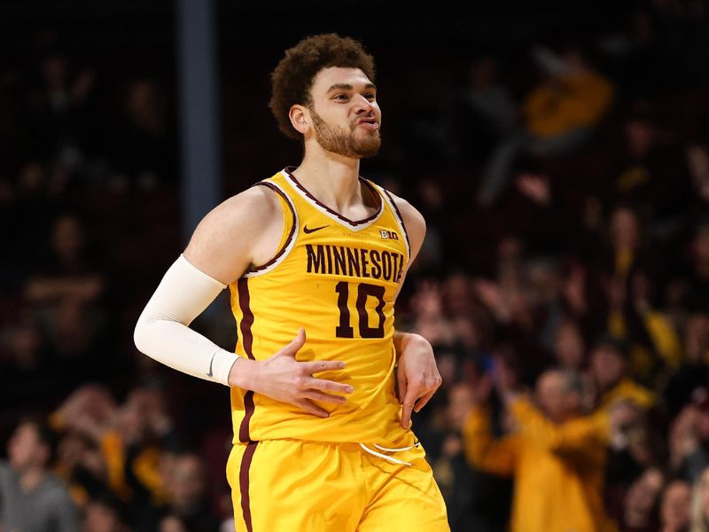 Jan 25, 2023; Minneapolis, Minnesota, USA; Minnesota Golden Gophers forward Jamison Battle (10) reacts to his shot against the Indiana Hoosiers during the second half at Williams Arena. Mandatory Credit: Matt Krohn-USA TODAY Sports