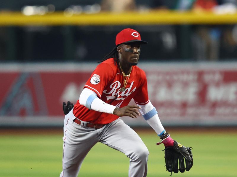 Aug 27, 2023; Phoenix, Arizona, USA; Cincinnati Reds shortstop Elly De La Cruz against the Arizona Diamondbacks at Chase Field. Mandatory Credit: Mark J. Rebilas-USA TODAY Sports