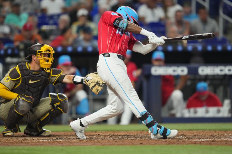 Aug 10, 2024; Miami, Florida, USA;  Miami Marlins right fielder Vidal Bruján (17) hits a solo home run in the fifth inning against the San Diego Padres at loanDepot Park. Mandatory Credit: Jim Rassol-USA TODAY Sports