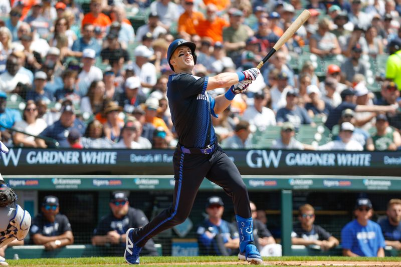 May 26, 2024; Detroit, Michigan, USA; Detroit Tigers outfielder Mark Canha (21) looks on during an at bat in the first inning of the game against the Toronto Blue Jays at Comerica Park. Mandatory Credit: Brian Bradshaw Sevald-USA TODAY Sports