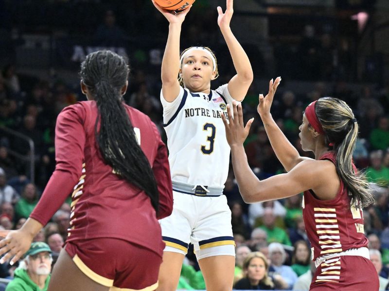 Jan 11, 2024; South Bend, Indiana, USA; Notre Dame Fighting Irish guard Hannah Hidalgo (3) shoots in the second half against the Boston College Eagles at the Purcell Pavilion. Mandatory Credit: Matt Cashore-USA TODAY Sports