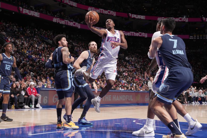 PHILADELPHIA, PA - NOVEMBER 2: Tyrese Maxey #0 of the Philadelphia 76ers drives to the basket during the game against the Memphis Grizzlies on November 2, 2024 at the Wells Fargo Center in Philadelphia, Pennsylvania NOTE TO USER: User expressly acknowledges and agrees that, by downloading and/or using this Photograph, user is consenting to the terms and conditions of the Getty Images License Agreement. Mandatory Copyright Notice: Copyright 2024 NBAE (Photo by Jesse D. Garrabrant/NBAE via Getty Images)