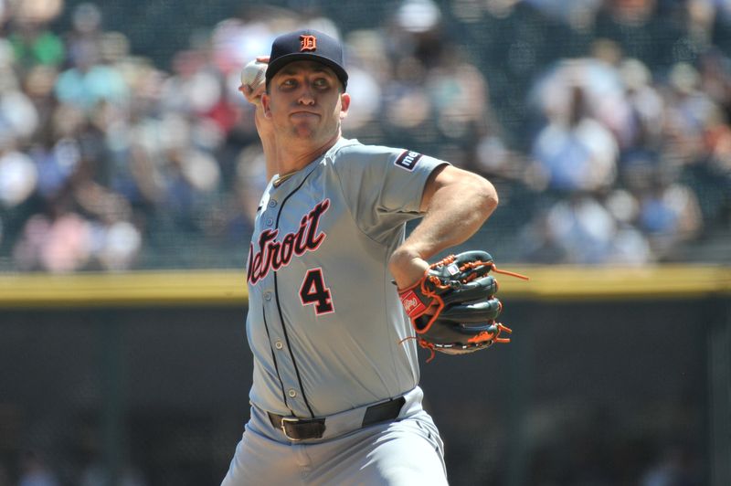 Aug 25, 2024; Chicago, Illinois, USA; Detroit Tigers starting pitcher Beau Brieske (4) pitches during the first inning against the Chicago White Sox at Guaranteed Rate Field. Mandatory Credit: Patrick Gorski-USA TODAY Sports