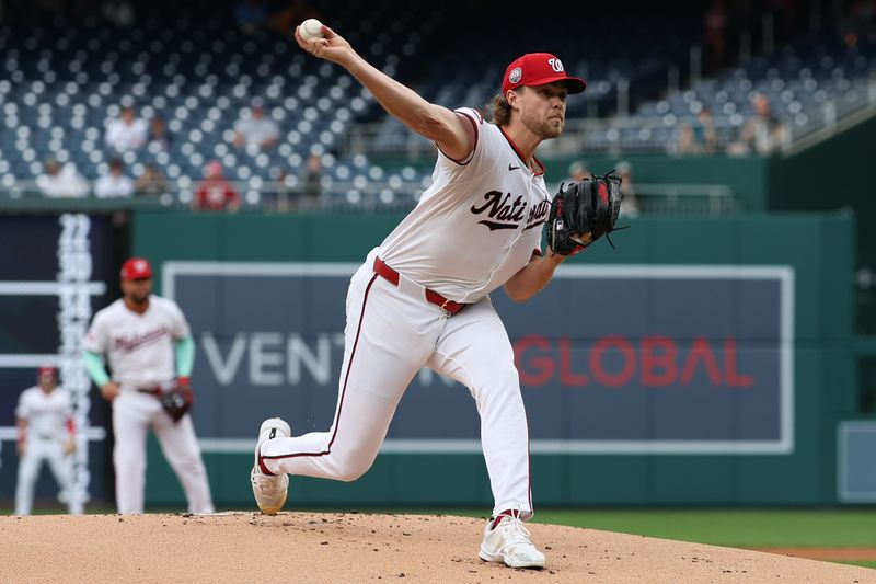 Sep 16, 2025; Washington, District of Columbia, USA; Washington Nationals starting pitcher Jake Irvin (27) pitches against the Atlanta Braves during the first inning at Nationals Park. Mandatory Credit: Geoff Burke-Imagn Images