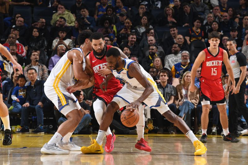 SAN FRANCISCO, CA - DECEMBER 5: Andrew Wiggins #22 of the Golden State Warriors dribbles the ball during the game against the Houston Rockets on December 5, 2024 at Chase Center in San Francisco, California. NOTE TO USER: User expressly acknowledges and agrees that, by downloading and or using this photograph, user is consenting to the terms and conditions of Getty Images License Agreement. Mandatory Copyright Notice: Copyright 2024 NBAE (Photo by Noah Graham/NBAE via Getty Images)