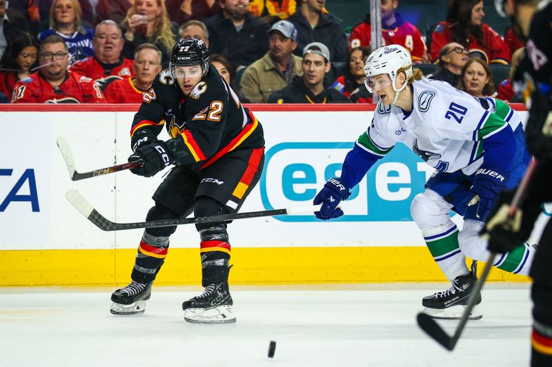 Dec 31, 2024; Calgary, Alberta, CAN; Calgary Flames left wing Jakob Pelletier (22) against Vancouver Canucks left wing Danton Heinen (20) during the third period at Scotiabank Saddledome. Mandatory Credit: Sergei Belski-Imagn Images