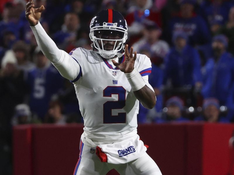 New York Giants quarterback Tyrod Taylor (2) throws the ball during the first half of an NFL football game against the Buffalo Bills in Orchard Park, N.Y., Sunday Oct. 15, 2023. (AP Photo/ Jeffrey T. Barnes)