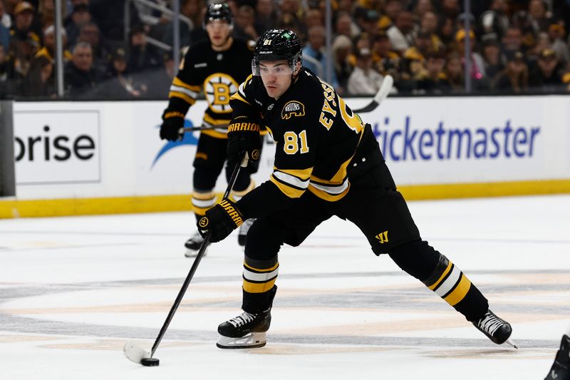 Oct 13, 2025; Boston, Massachusetts, USA; Boston Bruins center Michael Eyssimont (81) skates the puck against the Tampa Bay Lightning during the second period at TD Garden. Mandatory Credit: Winslow Townson-Imagn Images