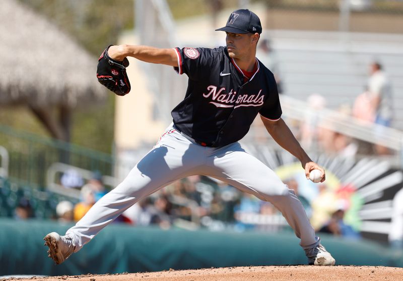 Feb 25, 2024; Jupiter, Florida, USA; Washington Nationals starting pitcher MacKenzie Gore (1) throws in the first inning against the Florida Marlins at Roger Dean Chevrolet Stadium. Mandatory Credit: Rhona Wise-USA TODAY Sports