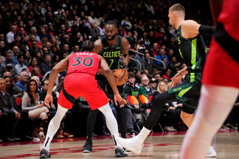 TORONTO, CANADA - JANUARY 15: Jaylen Brown #7 of the Boston Celtics handles the ball during the game against the Toronto Raptors on January 15, 2025 at the Scotiabank Arena in Toronto, Ontario, Canada.  NOTE TO USER: User expressly acknowledges and agrees that, by downloading and or using this Photograph, user is consenting to the terms and conditions of the Getty Images License Agreement.  Mandatory Copyright Notice: Copyright 2025 NBAE (Photo by Mark Blinch/NBAE via Getty Images)