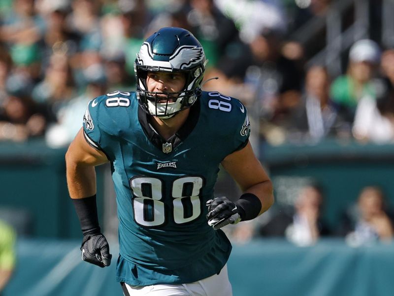 Philadelphia Eagles tight end Dallas Goedert (88) in action against the Washington Commanders during an NFL football game, Sunday, Oct. 1, 2023, in Philadelphia. The Eagles defeated the Commanders 34-31. (AP Photo/Rich Schultz)