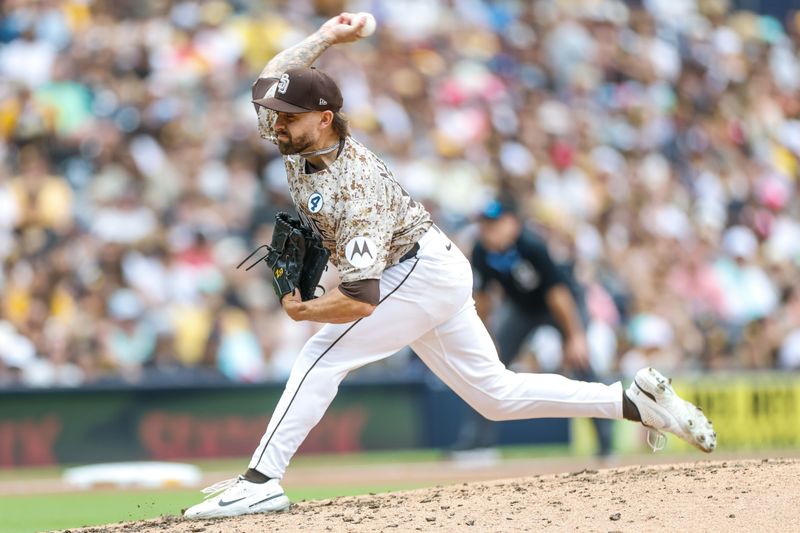 Jun 1, 2025; San Diego, California, USA; San Diego Padres relief pitcher David Morgan (66) throws a pitch during the sixth inning against the Pittsburgh Pirates at Petco Park. Mandatory Credit: David Frerker-Imagn Images