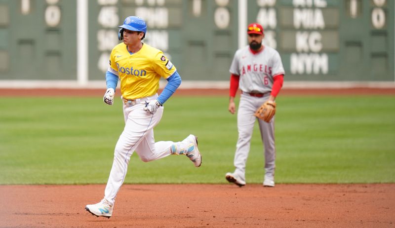 Apr 14, 2024; Boston, Massachusetts, USA; Boston Red Sox first baseman Triston Casas (36) rounds the bases after hitting a home run against tech Los Angeles Angels in the first inning at Fenway Park. Mandatory Credit: David Butler II-USA TODAY Sports