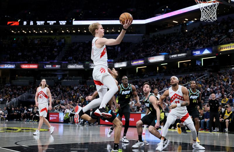 INDIANAPOLIS, INDIANA - FEBRUARY 26:   Gradey Dick #1 of the Toronto Raptors shoots the ball against the Indiana Pacers at Gainbridge Fieldhouse on February 26, 2024 in Indianapolis, Indiana.    NOTE TO USER: User expressly acknowledges and agrees that, by downloading and or using this photograph, User is consenting to the terms and conditions of the Getty Images License Agreement.  (Photo by Andy Lyons/Getty Images)