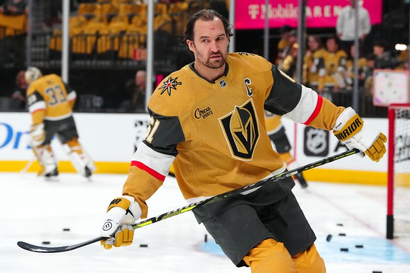 Apr 1, 2025; Las Vegas, Nevada, USA; Vegas Golden Knights right wing Mark Stone (61) warms up before a game against the Edmonton Oilers at T-Mobile Arena. Mandatory Credit: Stephen R. Sylvanie-Imagn Images