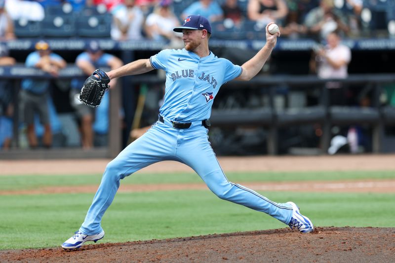 Sep 18, 2025; Tampa, Florida, USA; Toronto Blue Jays pitcher Eric Lauer (56) throws a pitch against the Tampa Bay Rays in the sixth inning at George M. Steinbrenner Field. Mandatory Credit: Nathan Ray Seebeck-Imagn Images