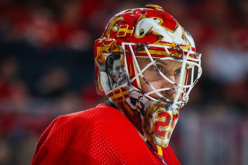 Dec 27, 2023; Calgary, Alberta, CAN; Calgary Flames goaltender Jacob Markstrom (25) during the third period against the Seattle Kraken at Scotiabank Saddledome. Mandatory Credit: Sergei Belski-USA TODAY Sports