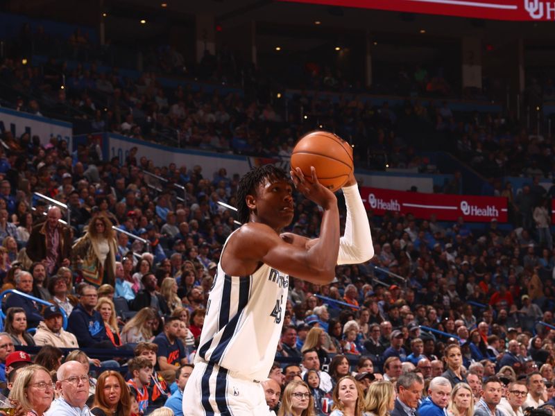 OKLAHOMA CITY, OK - MARCH 10: GG Jackson #45 of the Memphis Grizzlies shoots the ball during the game against the Oklahoma City Thunder on March 10, 2024 at Paycom Arena in Oklahoma City, Oklahoma. NOTE TO USER: User expressly acknowledges and agrees that, by downloading and or using this photograph, User is consenting to the terms and conditions of the Getty Images License Agreement. Mandatory Copyright Notice: Copyright 2024 NBAE (Photo by Zach Beeker/NBAE via Getty Images)