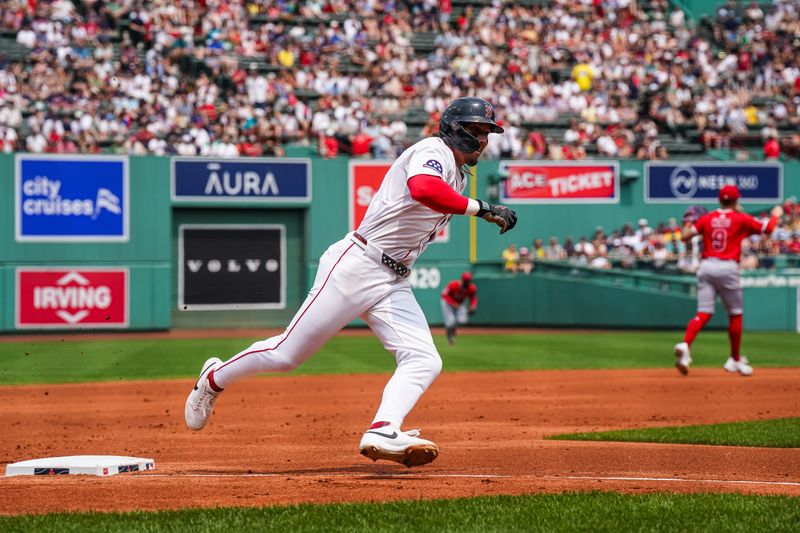 Jun 4, 2025; Boston, Massachusetts, USA; Boston Red Sox outfielder Jarren Duran (16) rounds third base to score against the Los Angeles Angels in the first inning at Fenway Park. Mandatory Credit: David Butler II-Imagn Images