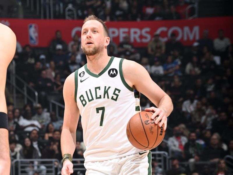 LOS ANGELES, CA - FEBRUARY 10: Joe Ingles #7 of the Milwaukee Bucks dribbles the ball during the game against the LA Clippers on February 10, 2023 at Crypto.Com Arena in Los Angeles, California. NOTE TO USER: User expressly acknowledges and agrees that, by downloading and/or using this Photograph, user is consenting to the terms and conditions of the Getty Images License Agreement. Mandatory Copyright Notice: Copyright 2023 NBAE (Photo by Andrew D. Bernstein/NBAE via Getty Images)