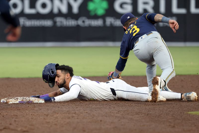 May 10, 2025; St. Petersburg, Florida, USA; Milwaukee Brewers shortstop Joey Ortiz (3) tags out Tampa Bay Rays outfielder José Caballero (77) as he attempted to steal second base during the ninth inning at George M. Steinbrenner Field. Mandatory Credit: Kim Klement Neitzel-Imagn Images May 10, 2025; St. Petersburg, Florida, USA; Milwaukee Brewers shortstop Joey Ortiz (3) tags out Tampa Bay Rays outfielder José Caballero (77) as he attempted to steal second base during the ninth inning at George M. Steinbrenner Field. Mandatory Credit: Kim Klement Neitzel-Imagn Images