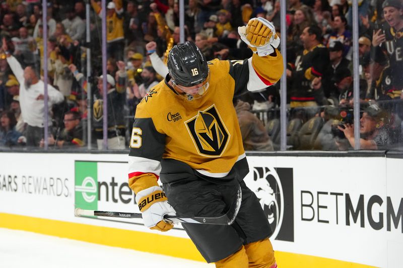 Oct 8, 2025; Las Vegas, Nevada, USA; Vegas Golden Knights right wing Pavel Dorofeyev (16) celebrates after scoring a goal against the Los Angeles Kings during the second period at T-Mobile Arena. Mandatory Credit: Stephen R. Sylvanie-Imagn Images