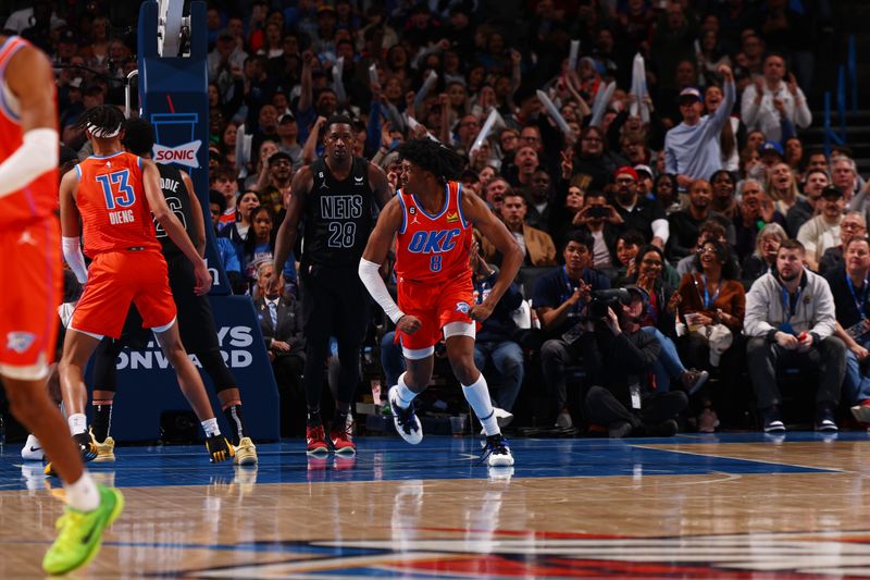 OKLAHOMA CITY, OK - MARCH 14: Jalen Williams #8 of the Oklahoma City Thunder celebrates during the game against the Brooklyn Nets on March 14, 2023 at Paycom Arena in Oklahoma City, Oklahoma. NOTE TO USER: User expressly acknowledges and agrees that, by downloading and or using this photograph, User is consenting to the terms and conditions of the Getty Images License Agreement. Mandatory Copyright Notice: Copyright 2023 NBAE (Photo by Zach Beeker/NBAE via Getty Images)