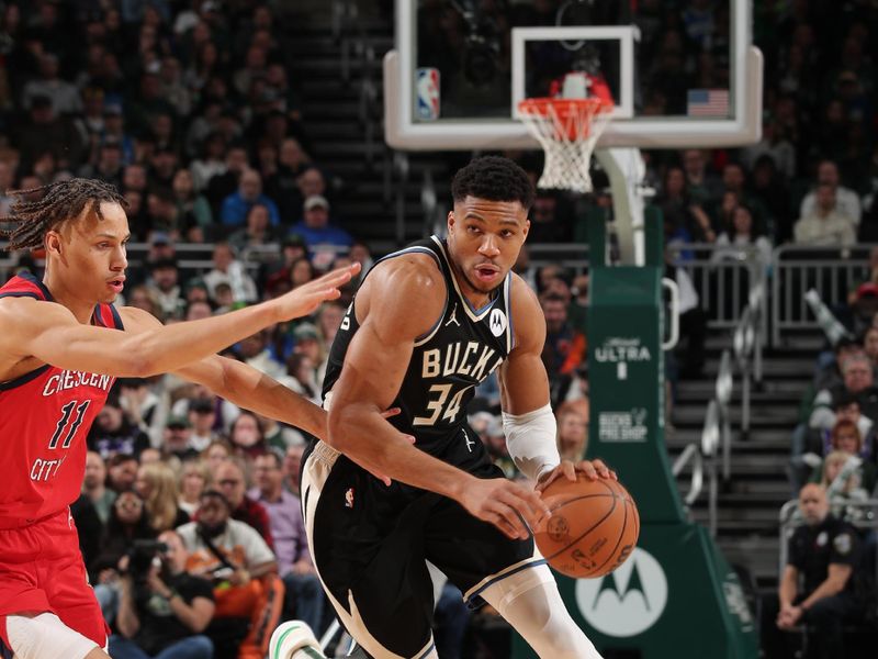 MILWAUKEE, WI - JANUARY 27:  Giannis Antetokounmpo #34 of the Milwaukee Bucks goes to the basket during the game on January 27, 2024 at the Fiserv Forum Center in Milwaukee, Wisconsin. NOTE TO USER: User expressly acknowledges and agrees that, by downloading and or using this Photograph, user is consenting to the terms and conditions of the Getty Images License Agreement. Mandatory Copyright Notice: Copyright 2024 NBAE (Photo by Gary Dineen/NBAE via Getty Images).