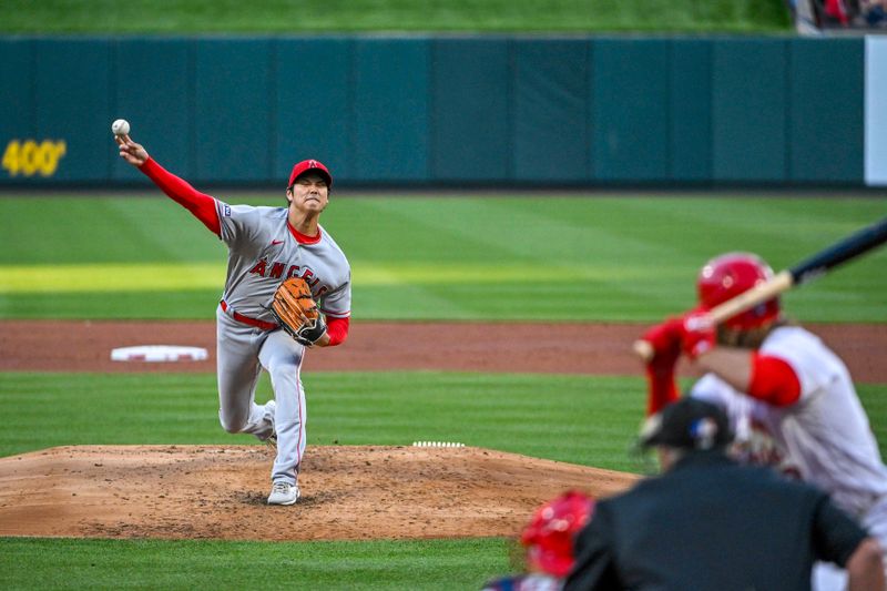 May 3, 2023; St. Louis, Missouri, USA;  Los Angeles Angels starting pitcher Shohei Ohtani (17) pitches against the St. Louis Cardinals left fielder Alec Burleson (41) during the second inning at Busch Stadium. Mandatory Credit: Jeff Curry-USA TODAY Sports