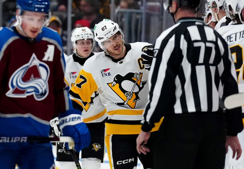 Mar 24, 2024; Denver, Colorado, USA; Pittsburgh Penguins center Sidney Crosby (87) celebrates his goal score in second period against the Colorado Avalanche at Ball Arena. Mandatory Credit: Ron Chenoy-USA TODAY Sports