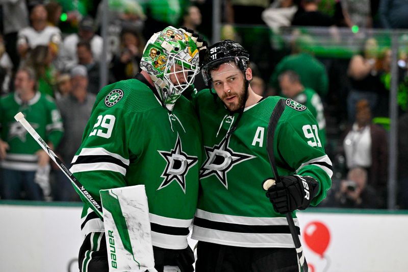 May 1, 2024; Dallas, Texas, USA; Dallas Stars center Tyler Seguin (91) and goaltender Jake Oettinger (29) celebrate on the ice after the Stars defeat the Vegas Golden Knights in game five of the first round of the 2024 Stanley Cup Playoffs at the American Airlines Center. Mandatory Credit: Jerome Miron-USA TODAY Sports