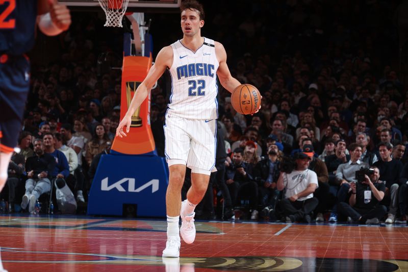 NEW YORK, NY - DECEMBER 3: Franz Wagner #22 of the Orlando Magic dribbles the ball during the game against the New York Knicks during the Emirates NBA Cup on December 3, 2024 at Madison Square Garden in New York City, New York.  NOTE TO USER: User expressly acknowledges and agrees that, by downloading and or using this photograph, User is consenting to the terms and conditions of the Getty Images License Agreement. Mandatory Copyright Notice: Copyright 2024 NBAE  (Photo by Nathaniel S. Butler/NBAE via Getty Images)