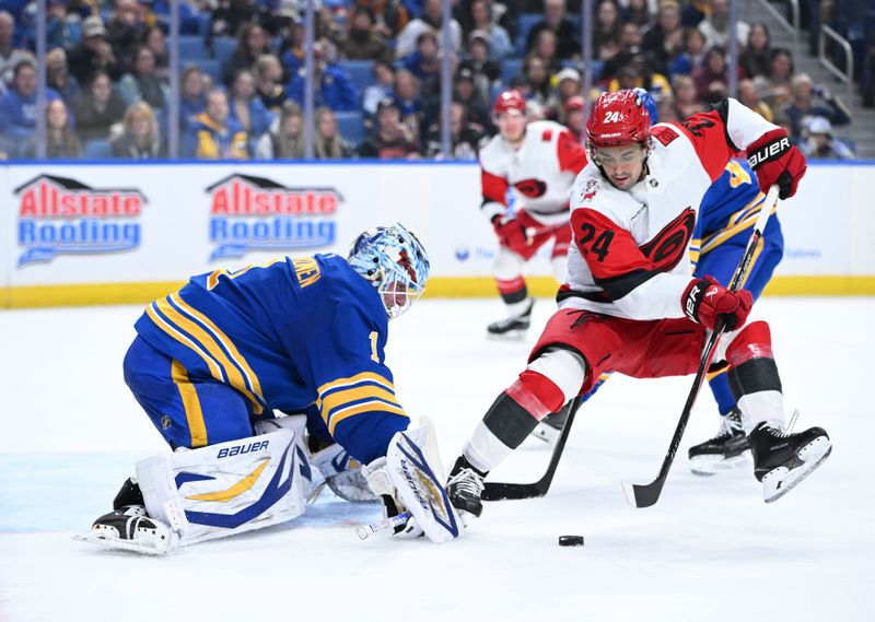 Nov 23, 2025; Buffalo, New York, USA; Carolina Hurricanes center Seth Jarvis (24) tries to get the puck past Buffalo Sabres goaltender Ukko-Pekka Luukkonen (1) in the first period at KeyBank Center. Mandatory Credit: Mark Konezny-Imagn Images