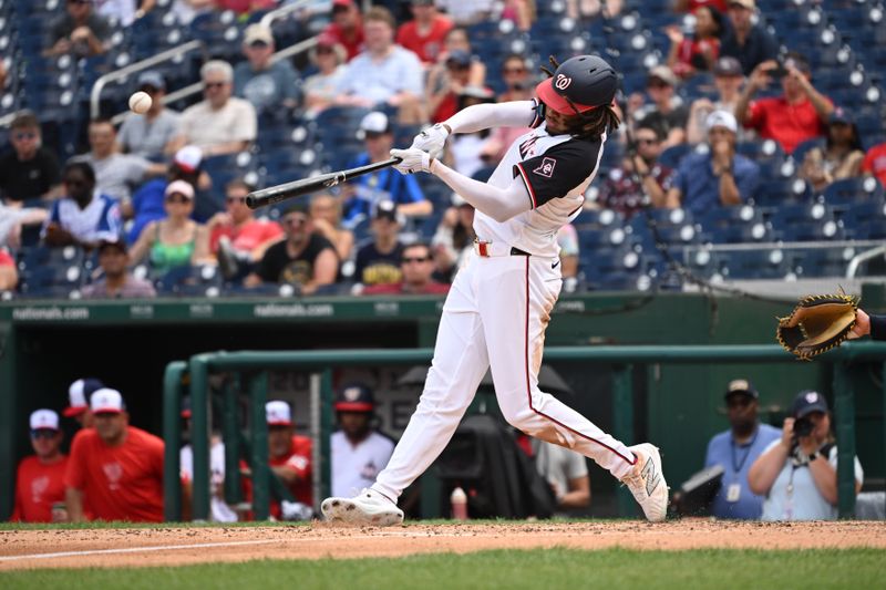 Aug 4, 2024; Washington, District of Columbia, USA; Washington Nationals center fielder James Wood (29) hits a 3 RBI triple against the Milwaukee Brewers during the sixth inning at Nationals Park. Mandatory Credit: Rafael Suanes-USA TODAY Sports