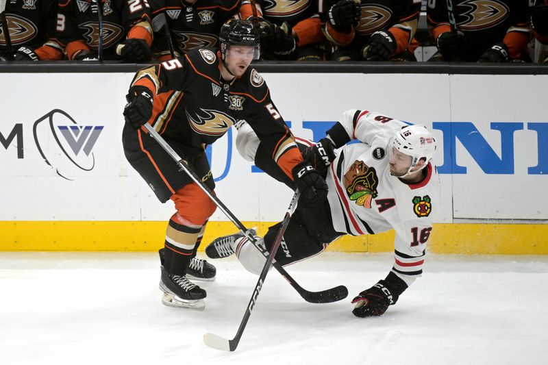 Mar 21, 2024; Anaheim, California, USA; Anaheim Ducks defenseman Urho Vaakanainen (5) checks Chicago Blackhawks center Jason Dickinson (16) in the first period at Honda Center. Mandatory Credit: Jayne Kamin-Oncea-USA TODAY Sports