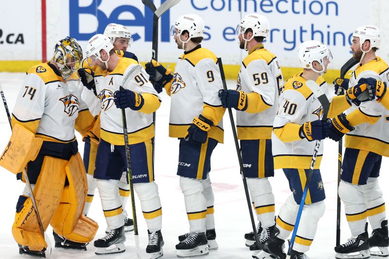Mar 17, 2026; Winnipeg, Manitoba, CAN; Nashville Predators celebrate their victory over the Winnipeg Jets at Canada Life Centre. Mandatory Credit: James Carey Lauder-Imagn Images