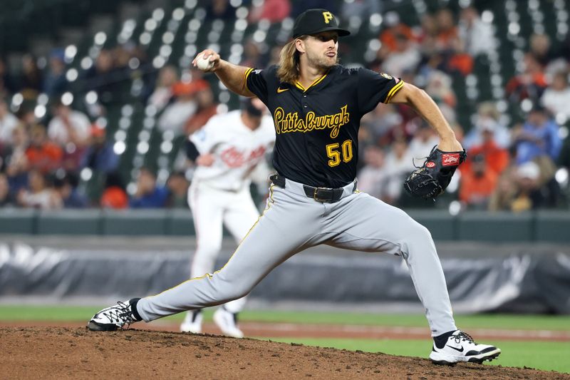 Sep 10, 2025; Baltimore, Maryland, USA; Pittsburgh Pirates pitcher Carmen Mlodzinski (50) throws during the sixth inning against the Baltimore Orioles at Oriole Park at Camden Yards. Mandatory Credit: Daniel Kucin Jr.-Imagn Images