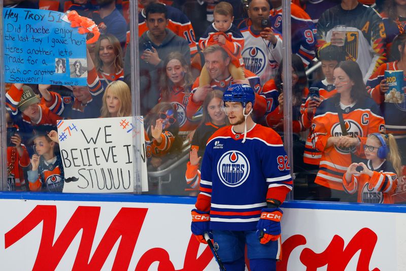 May 25, 2025; Edmonton, Alberta, CAN; Edmonton Oilers right wing Vasily Podkolzin (92) skates in warmups before the game between the Dallas Stars and the Oilers in game three of the Western Conference Final of the 2025 Stanley Cup Playoffs at Rogers Place. Mandatory Credit: Perry Nelson-Imagn Images