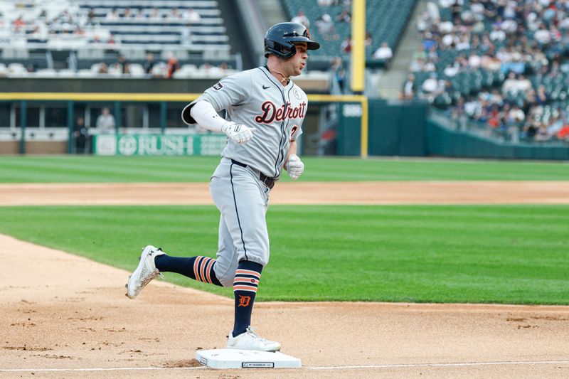 Jun 2, 2025; Chicago, Illinois, USA; Detroit Tigers designated hitter Kerry Carpenter (30) rounds the bases after hitting a two-run home run against the Chicago White Sox during the first inning at Rate Field. Mandatory Credit: Kamil Krzaczynski-Imagn Images