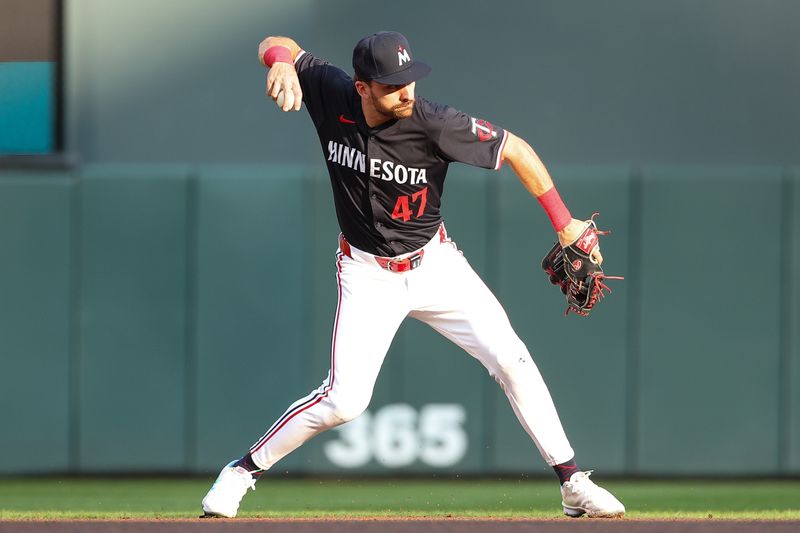 Aug 24, 2024; Minneapolis, Minnesota, USA; Minnesota Twins second baseman Edouard Julien (47) throws the ball to first base to get out St. Louis Cardinals shortstop Masyn Winn (0) during the first inning at Target Field. Mandatory Credit: Matt Krohn-USA TODAY Sports