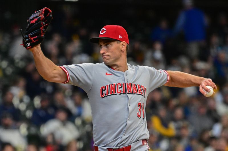 Apr 6, 2025; Milwaukee, Wisconsin, USA; Cincinnati Reds pitcher Brent Suter (31) pitches in the fifth inning against the Milwaukee Brewers at American Family Field. Mandatory Credit: Benny Sieu-Imagn Images