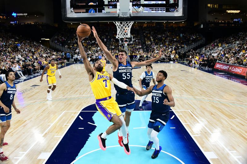 PALM SPRINGS, CA - OCTOBER 4: Gabe Vincent #7 of the Los Angeles Lakers drives to the basket during the game against the Minnesota Timberwolves during an NBA preseason game on October 4, 2024 at Acrisure Arena in Palm Springs, California. NOTE TO USER: User expressly acknowledges and agrees that, by downloading and/or using this Photograph, user is consenting to the terms and conditions of the Getty Images License Agreement. Mandatory Copyright Notice: Copyright 2024 NBAE (Photo by Adam Pantozzi/NBAE via Getty Images)