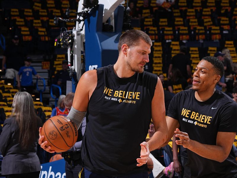 OKLAHOMA CITY, OK - MAY 7:  Nikola Jokic #15 of the Denver Nuggets warms up before the game against the Oklahoma City Thunder  during Round 2 Game 2 of the  2025 NBA Playoffs  on May 7, 2025 at Paycom Center in Oklahoma City, Oklahoma. NOTE TO USER: User expressly acknowledges and agrees that, by downloading and or using this photograph, User is consenting to the terms and conditions of the Getty Images License Agreement. Mandatory Copyright Notice: Copyright 2025 NBAE (Photo by Garrett Ellwood/NBAE via Getty Images)