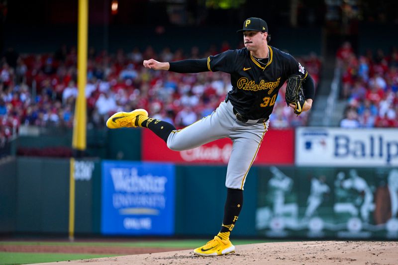 Jun 11, 2024; St. Louis, Missouri, USA;  Pittsburgh Pirates starting pitcher Paul Skenes (30) pitches against the St. Louis Cardinals during the second inning at Busch Stadium. Mandatory Credit: Jeff Curry-USA TODAY Sports